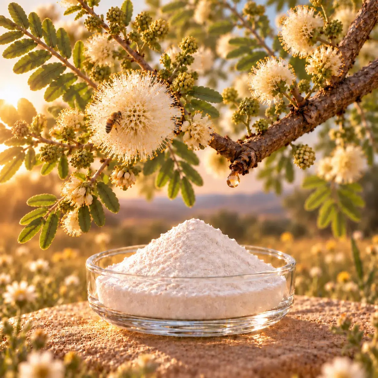 Acacia fiber powder beneath flowering acacia branches with a small bee and a drop of gum arabic