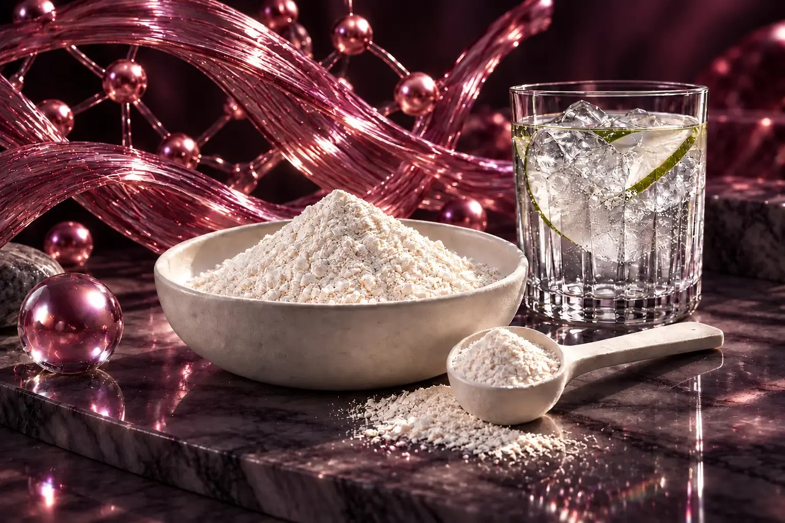 Collagen peptide powder framed by luminous pink connective strands against a deep plum backdrop