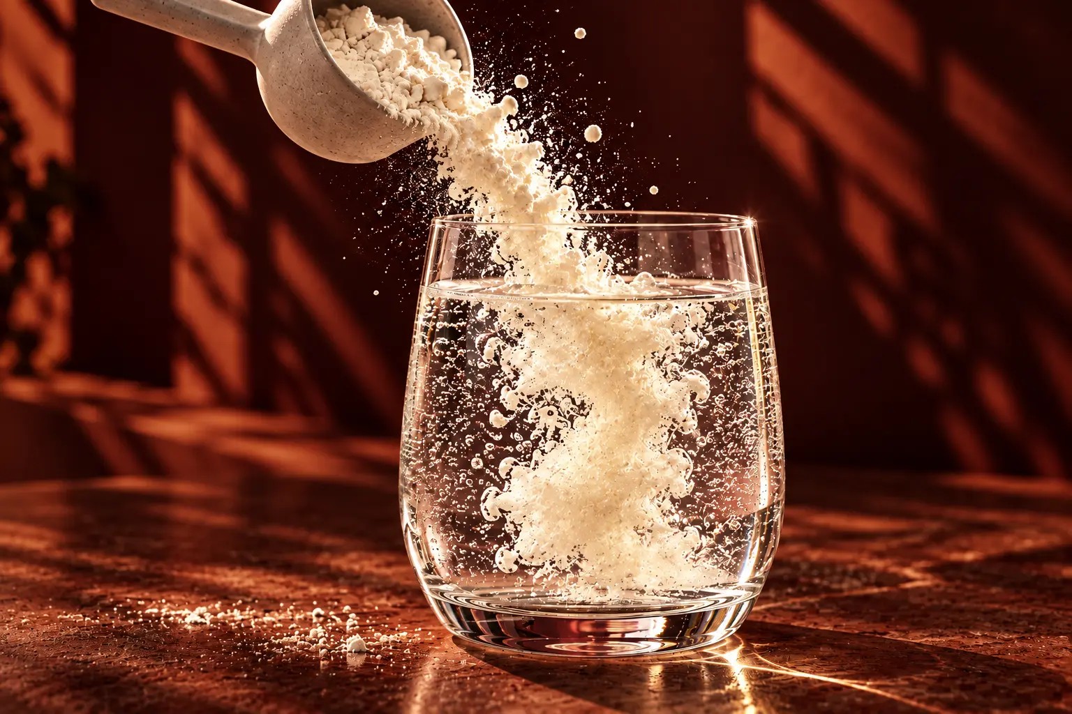 Protein powder pouring into sparkling water against a deep auburn backdrop