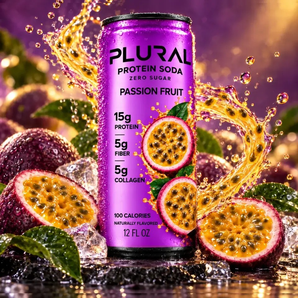 PLURAL Passion Fruit protein soda with fresh passion fruit and ice