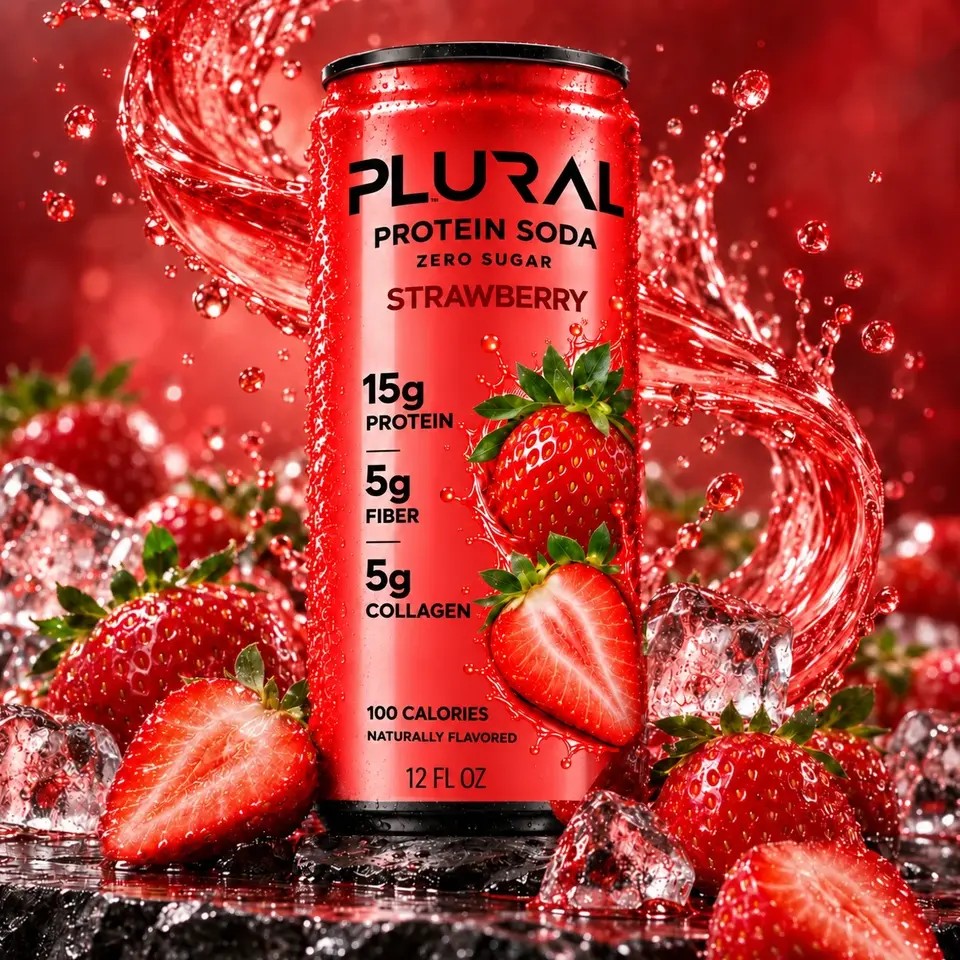PLURAL Strawberry protein soda with fresh strawberries and ice