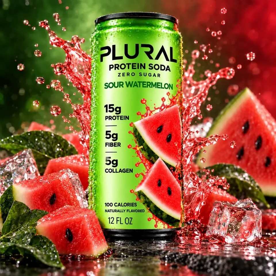 PLURAL Sour Watermelon protein soda with fresh watermelon and ice
