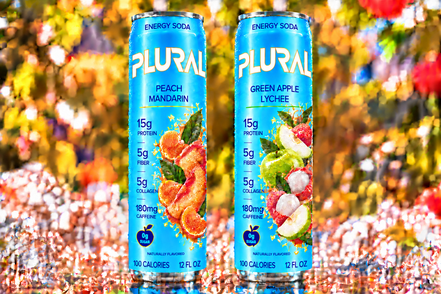 Glossy blue PLURAL Energy Soda cans in Peach Mandarin and Green Apple Lychee, on ice