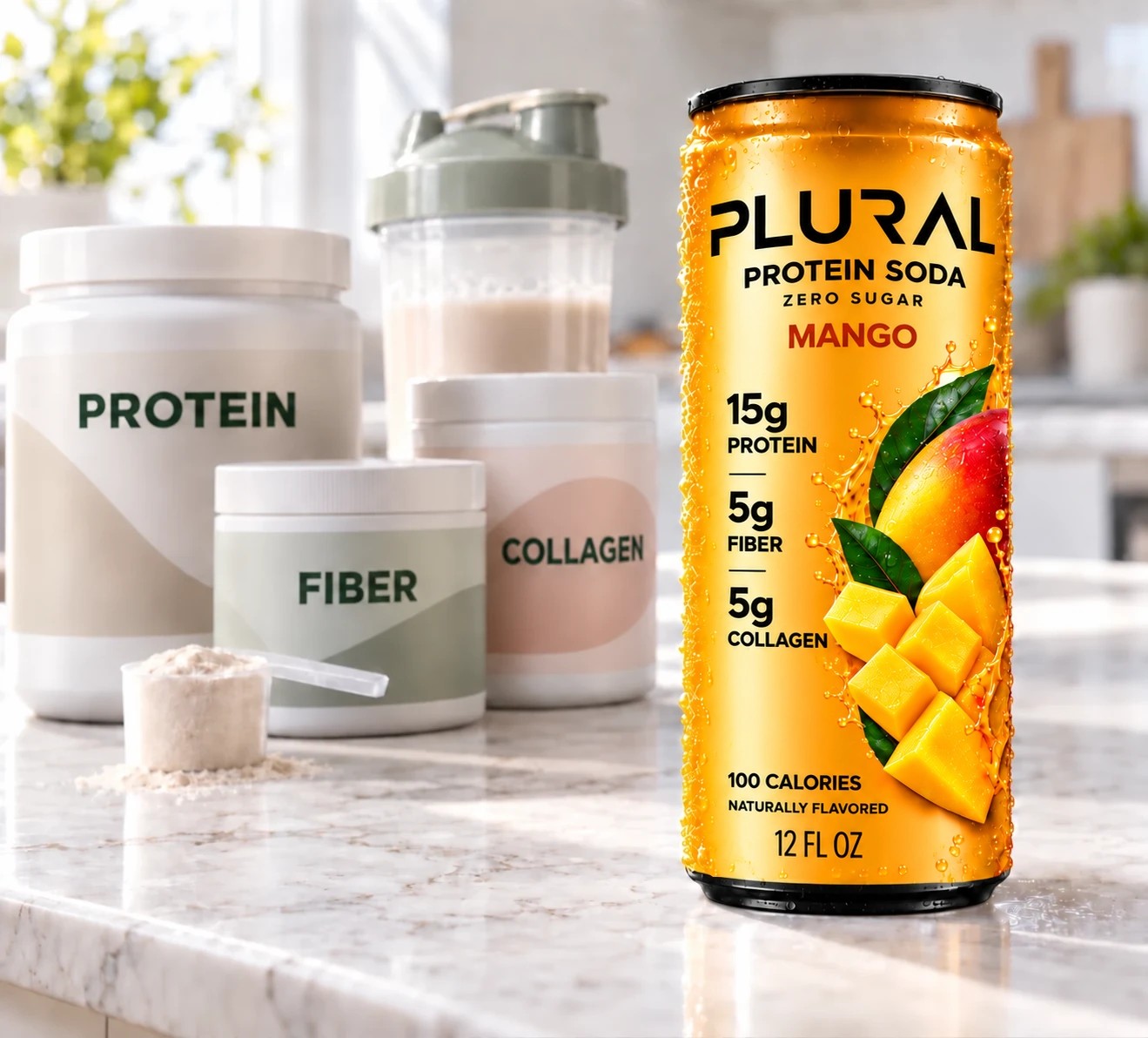 One cold PLURAL can beside separate packages labeled protein, fiber and collagen