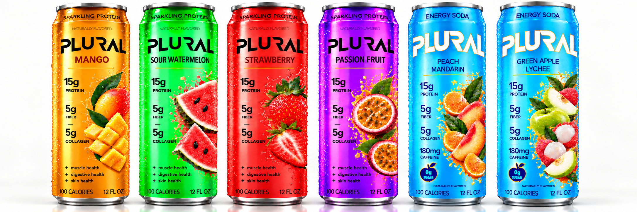 All six PLURAL cans: Mango, Sour Watermelon, Strawberry, Passion Fruit, Peach Mandarin energy soda and Green Apple Lychee energy soda