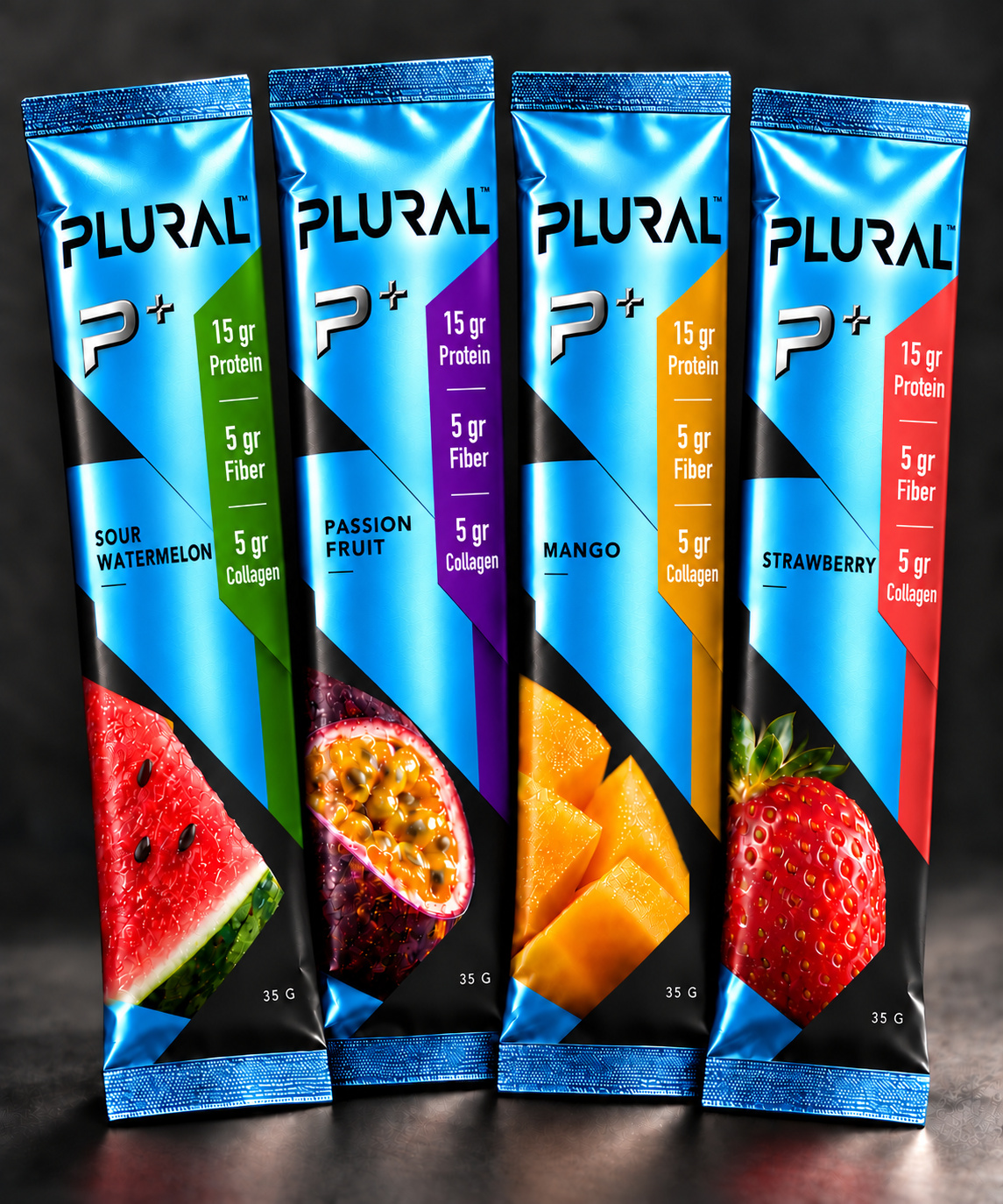 Four glossy blue PLURAL Protein Sticks: Sour Watermelon, Passion Fruit, Mango and Strawberry